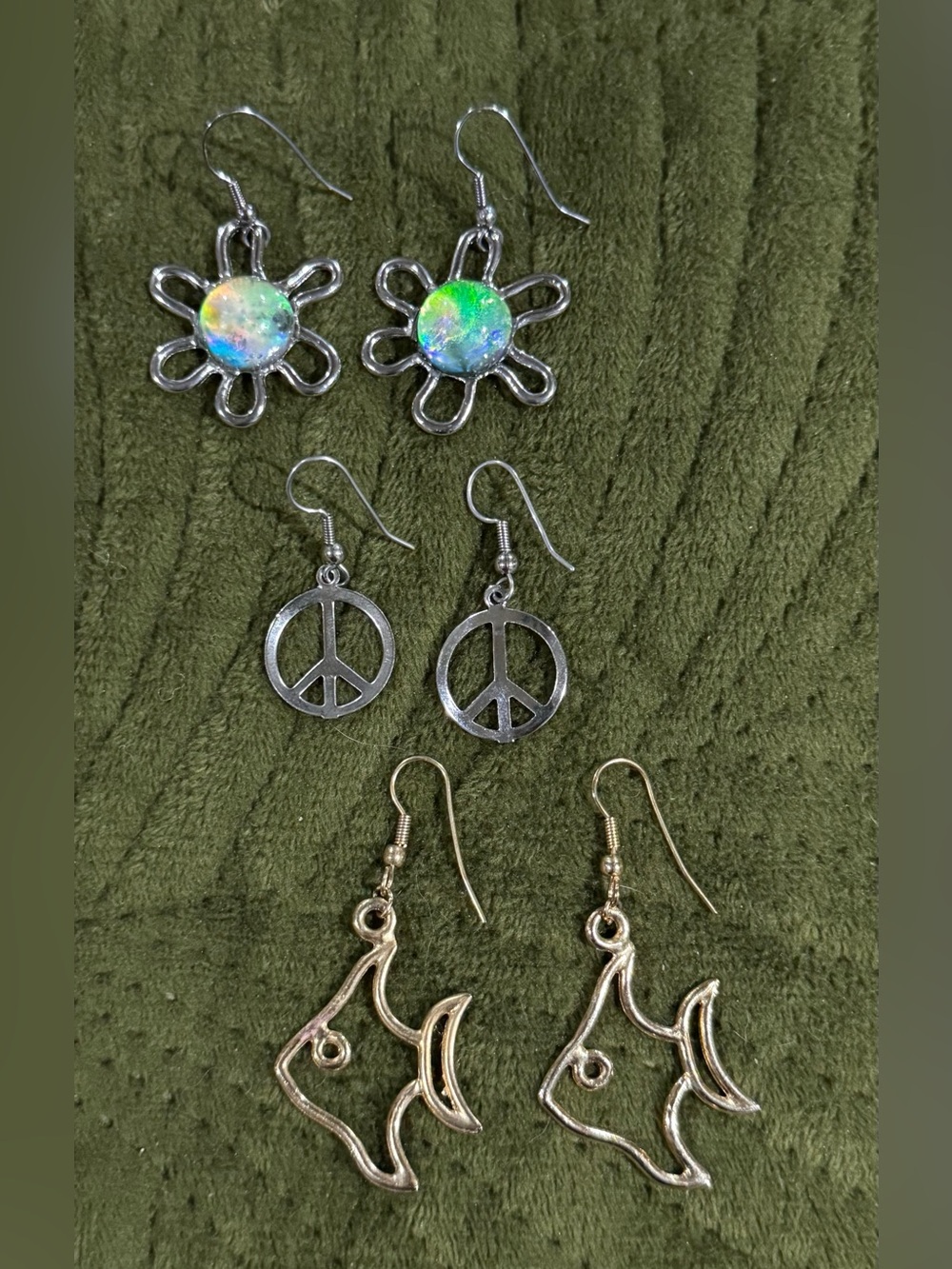 Set of 3 Awesome Vintage 80's Dangle Earring Pairs - Flower, Peace, Fish